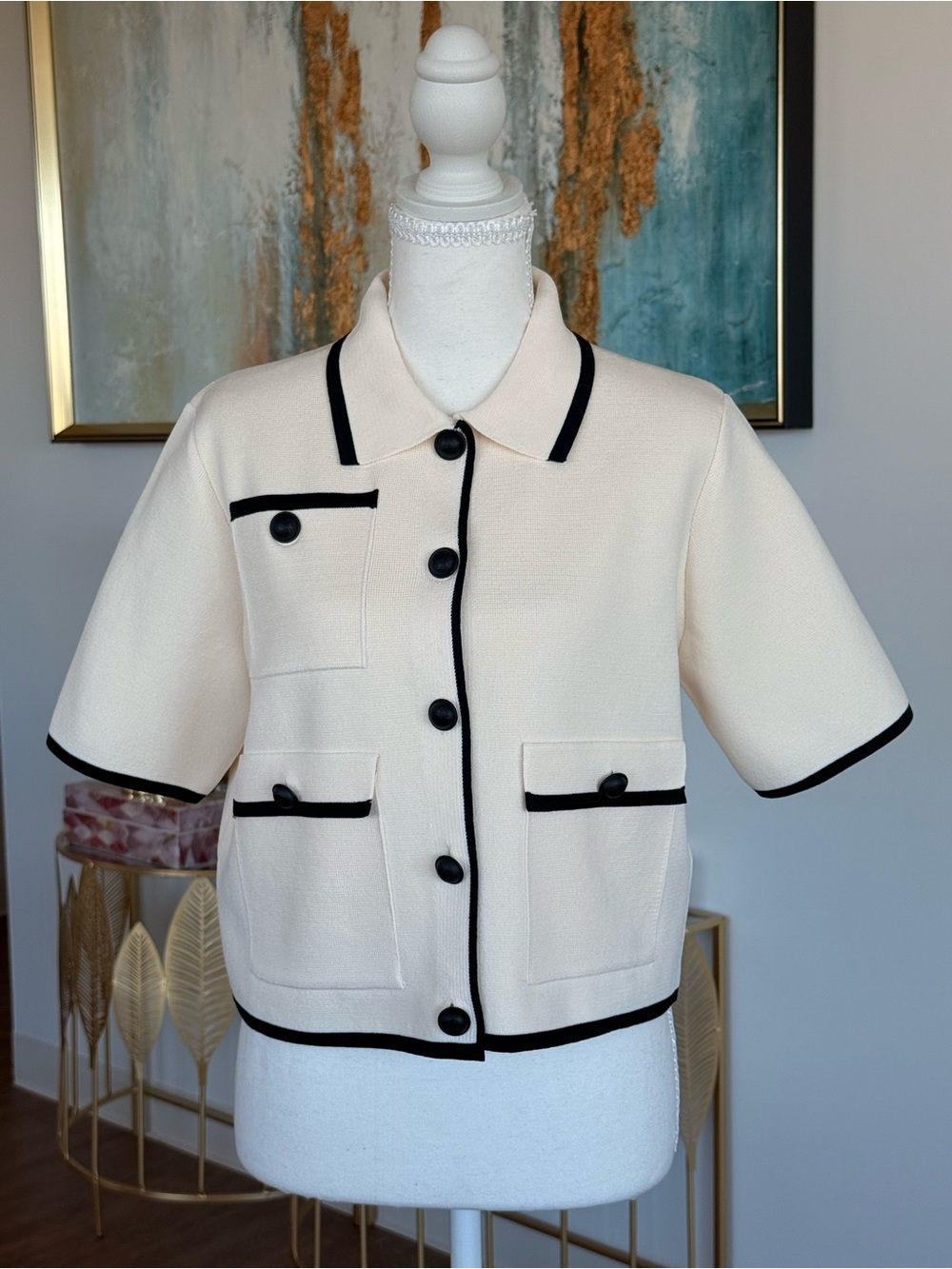 Classic Cropped Cream Jacket with Black Trim